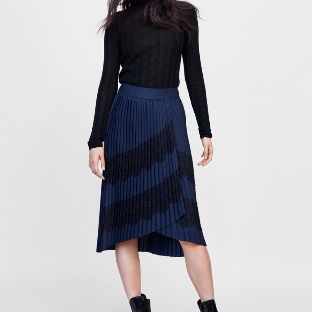 ZARA BLUE PLEATED MIDI SKIRT BLACK LACE DETAIL BRAND NEW WITH TAGS XS